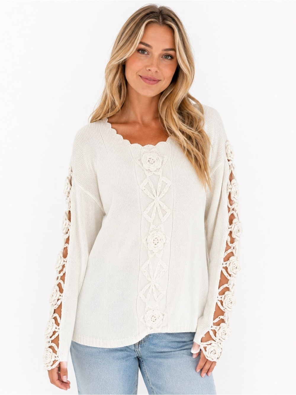 Crocheted Cream Knit Sweater Crochet Lace Cutout Sleeve 3D Floral Appliqué